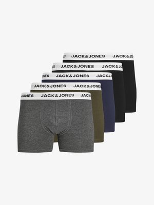 Five pairs of Jack & Jones boxer briefs in gray, olive, dark blue, black, and charcoal. Each features a white waistband with black text.