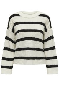 Pull en maille crème avec larges rayures horizontales noires, manches longues et encolure ronde.