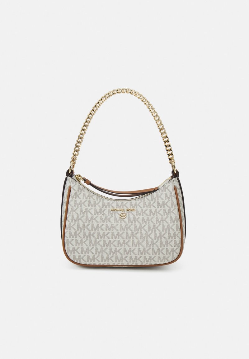 Sac à épaule beige et marron Michael Kors avec bandoulière chaîne dorée et motif répétitif du logo MK.
