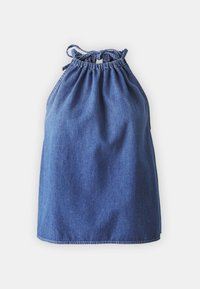 Top in denim a trapezio con scollatura arricciata, lacci regolabili e vestibilità morbida. Presenta un colore blu medio e una consistenza liscia.