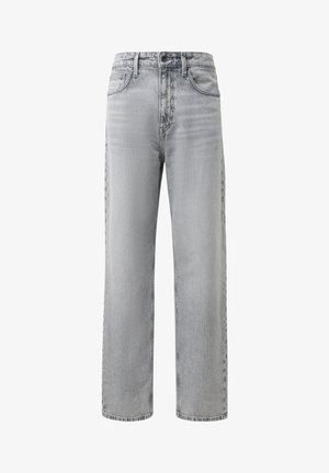 Jeans grigi in denim con design a gamba dritta, dotati di cinque tasche, chiusura con cerniera e cuciture evidenti. Tessuto strutturato con una finitura sbiadita.