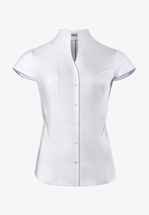 Weißes Hemd mit hohem Kragen, kurzen Ärmeln und durchgehender Knopfleiste. Mit blauen Akzenten am Ärmelabschluss, aus glattem Stoff gefertigt.