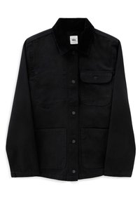 Black jacket with a corduroy collar, snap buttons, two chest pockets, and two lower pockets. Made of durable fabric with a smooth texture.