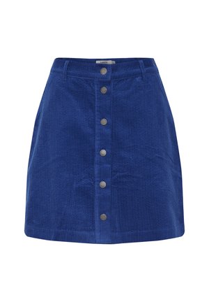 Jupe en velours côtelé bleu avec des rayures verticales, une forme droite et une fermeture à boutons sur le devant avec des accents métalliques.