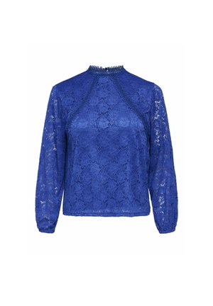 Blauwe kanten blouse met lange mouwen, hoge halslijn en ingewikkelde bloemmotieven. Beschikt over een geplooide detail bij de schouders en manchetten.