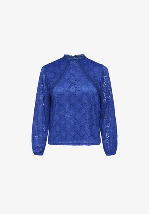 Zila mežģīņu blūze ar garām piedurknēm, augstu kakla izgriezumu un sarežģītiem ziedu rakstiem. Iezīmējas ar sakopotu detalizāciju plecos un aprocēs.