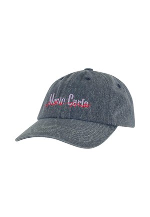 Căciulă de baseball din denim cu vizieră curbată, având cuvântul "Monte Carlo" brodat în roz și roșu pe panoul din față. Țesătură texturată.