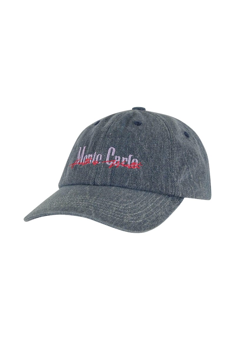 Džinsinė beisbolo kepurė su lenktu vizoriumi, priekyje su išsiuvinėtu tekstu „Monte Carlo“ rožinės ir raudonos spalvų. Textūruotas audinys.