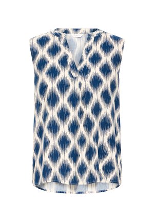 Blouse sans manches avec encolure en V, présentant un fond crème et un motif de diamants bleus irréguliers avec des stries verticales.