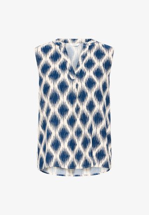 Mouwloze blouse met V-hals, uitgevoerd in een crème achtergrond met een onregelmatig patroon van blauwe diamanten en verticale strepen.