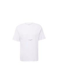 Weißes Baumwoll-T-Shirt mit Rundhalsausschnitt, kurzen Ärmeln und einem minimalistisch gestalteten Drucklogo, das zentral auf der Vorderseite platziert ist.