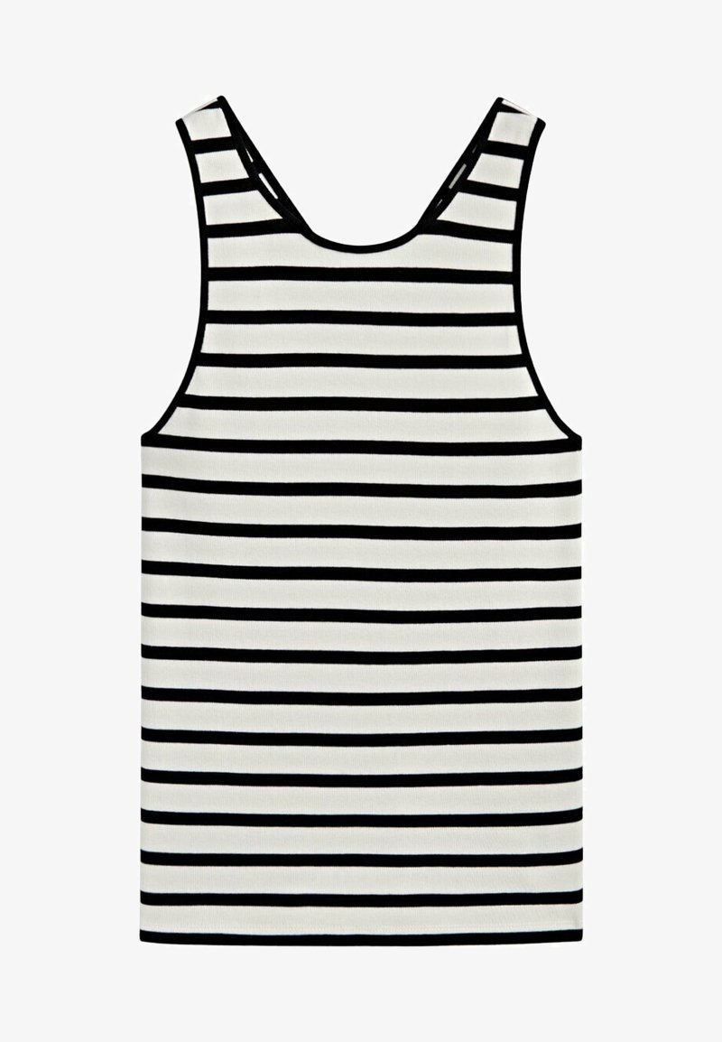 Débardeur rayé blanc avec des rayures horizontales noires. Présente un col rond et un design sans manches, fabriqué dans un tissu lisse et extensible.