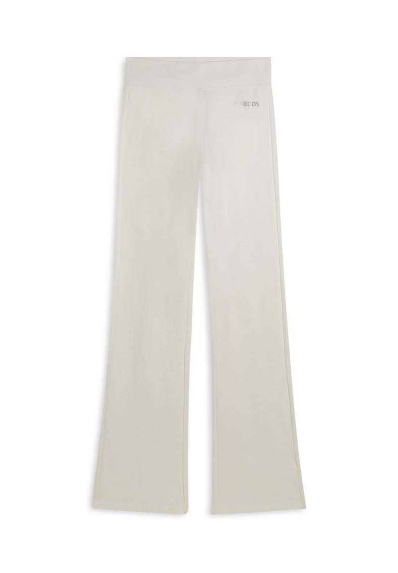 Pantaloni svasati color beige chiaro realizzati in un materiale morbido. Presentano una cintura larga e un piccolo logo del marchio sul retro.