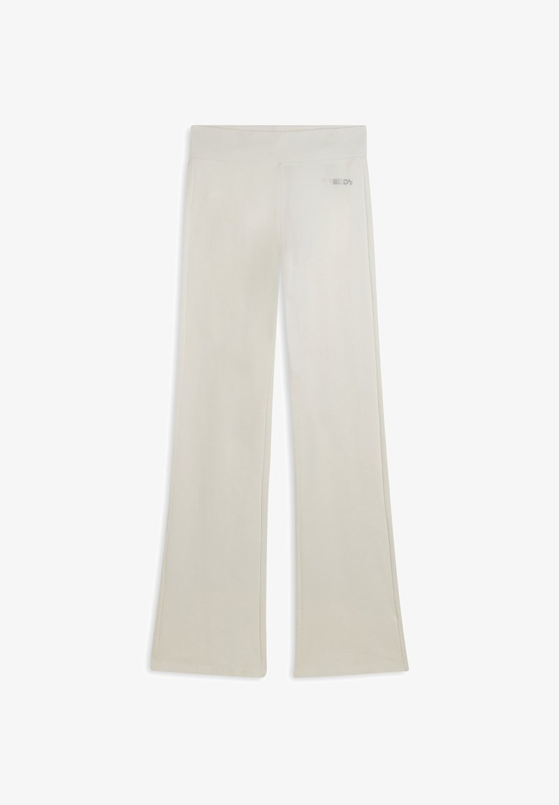 Pantalones acampanados de color beige claro, confeccionados con un material suave. Cuentan con una cinturilla ancha y un pequeño logo de la marca en la parte posterior.