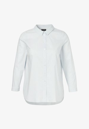 Lichtblauw en wit gestreepte overhemden met knopen, met een kraag, lange mouwen en een gebogen zoom. Gemaakt van een gladde, lichte stof.
