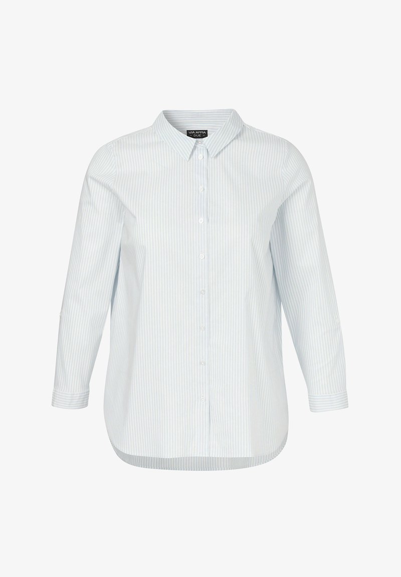 Lichtblauw en wit gestreepte overhemden met knopen, met een kraag, lange mouwen en een gebogen zoom. Gemaakt van een gladde, lichte stof.