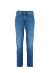 Jeans in denim blu con taglio dritto, design a cinque tasche e passanti per cintura. Presentano una patta con chiusura a bottone e leggere sfumature.