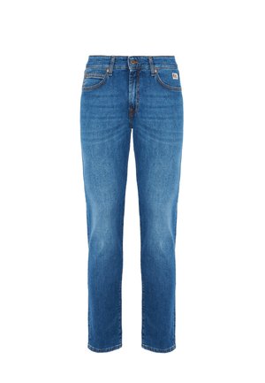 Jeans in denim blu con taglio dritto, design a cinque tasche e passanti per cintura. Presentano una patta con chiusura a bottone e leggere sfumature.
