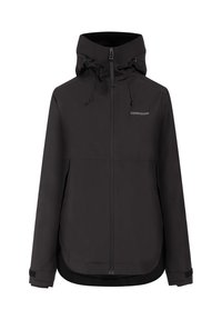 Veste imperméable noire Didriksons avec capuche, fermeture éclair à l'avant, poignets réglables et poches avant, conçue pour une utilisation en extérieur.