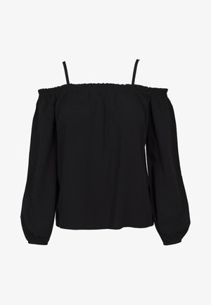 Top noir décolleté avec encolure élastique et fines bretelles. Manches longues en ballon avec poignets froncés. Tissu doux.