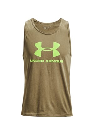 Sportowy top na ramiączkach w kolorze oliwkowej zieleni z dużym neonowo żółtym logo i napisem Under Armour z przodu.