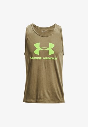 Sportowy top na ramiączkach w kolorze oliwkowej zieleni z dużym neonowo żółtym logo i napisem Under Armour z przodu.