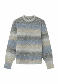 Gebreide trui in grijze en blauwe tinten met horizontale strepen, voorzien van een ronde hals en geribbelde manchetten voor een gestructureerde afwerking.