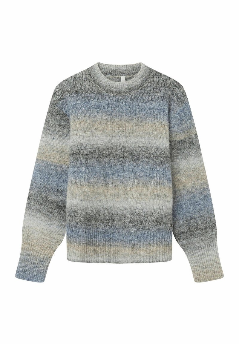 Gebreide trui in grijze en blauwe tinten met horizontale strepen, voorzien van een ronde hals en geribbelde manchetten voor een gestructureerde afwerking.