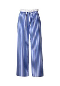 Blauwe en witte gestreepte broek met wijde pijpen, een elastische tailleband en een trekkoord. Glad stof met een verticaal streepjespatroon.