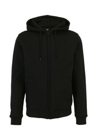 Crna zip-up dukserica s kapuljačom, dugim rukavima, bočnim džepovima i rebrastim manžetama i donjim rubom. Izrađena od mekog, teksturiranog materijala.
