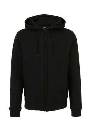 Sort zip-up hoodie med hætte, med lange ærmer, sidelommer og ribbede manchetter og kant. Lavet af blødt, struktureret stof.