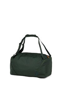 Grüne Stoffreisetasche mit doppelten Tragegriffen, rechteckiger Form, strukturiertem Oberflächen und einem kontrastierenden Akzentreißverschluss.