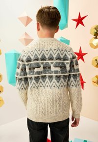 Knit cream sweater with blue and brown geometric patterns, including deer motifs. Cable knit texture on sleeves and bottom hem.