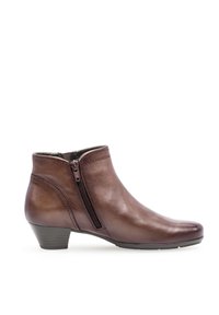Boots en cuir marron à la cheville avec un bout rond et une fermeture éclair sur le côté, présentant des coutures minimales et un petit talon. Texture lisse, design classique.