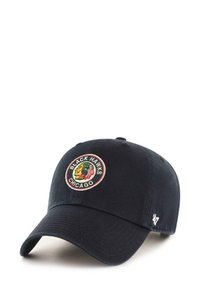 Marineblaue Baseballmütze aus Stoff, ausgestattet mit einem kreisförmig gestickten Logo der Chicago Black Hawks auf der Vorderseite und einem gebogenen Schild.