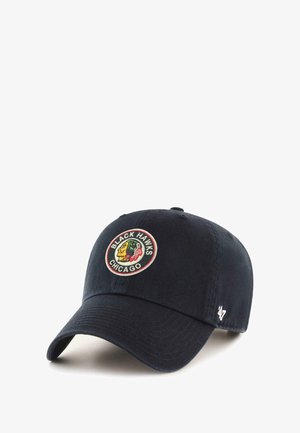 Marineblaue Baseballmütze aus Stoff, ausgestattet mit einem kreisförmig gestickten Logo der Chicago Black Hawks auf der Vorderseite und einem gebogenen Schild.