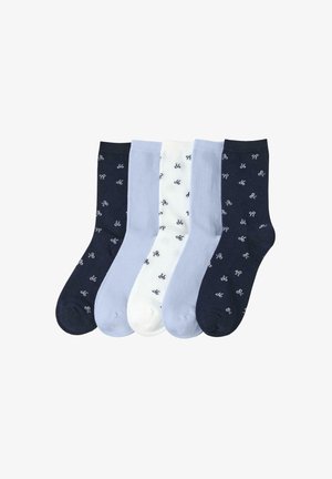 Cinci perechi de șosete în nuanțe navy, albastru deschis și alb. Fiecare pereche are un model mic de bicicletă și o textură fină din bumbac.