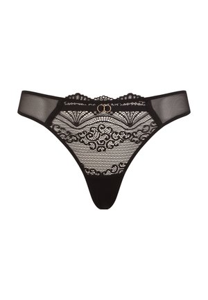 Schwarzer Spitzen-Tanga mit filigranen Blumenmustern, einem durchsichtigen Taillenbund und einem zentralen goldfarbenen Ring-Detail. Weicher Stoff mit minimalistisch geschnittenem Design.
