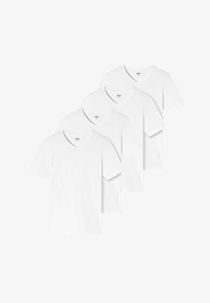 Vier weiße V-Ausschnitt-T-Shirts aus Baumwolle mit kurzen Ärmeln und einer glatten Textur, flach in einer Reihe ausgelegt.