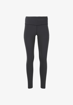 Schwarze Leggings aus einem dehnbaren Stoff mit hohem Taillenbund. Das Design zeigt eine glatte Oberfläche und keine sichtbaren Muster oder Akzente.