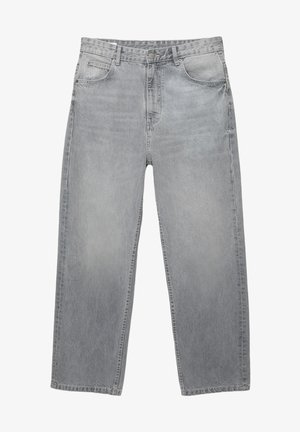 Ljust grå denimjeans med rak ben-design, som har fem fickor, knappstängning och subtil blekning för textur.