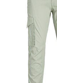 Hellgrüne Cargo-Hose mit glatter Textur, ausgestattet mit zwei Seitentaschen und einem geraden Bein-Design. Das Material wirkt strapazierfähig und leicht.