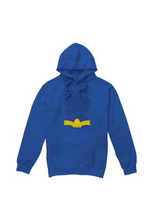 Blauer Hoodie mit schwarzem Schuppenmuster und gelbem ornamentalen Gürtel auf der Brust, mit Fronttasche und Kordelzugkapuze.