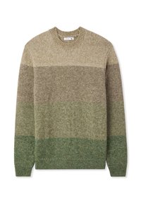 Maglione lavorato a maglia con righe orizzontali in diverse tonalità di verde e marrone, scollatura a girocollo e polsini e orlo a coste.
