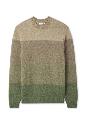 Maglione lavorato a maglia con righe orizzontali in diverse tonalità di verde e marrone, scollatura a girocollo e polsini e orlo a coste.