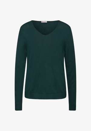 Zielony sweter z długim rękawem i dekoltem w serek, wykonany z miękkiego materiału, z prążkowanymi mankietami i dołem. Prosty, klasyczny design bez dodatkowych wzorów czy akcentów.