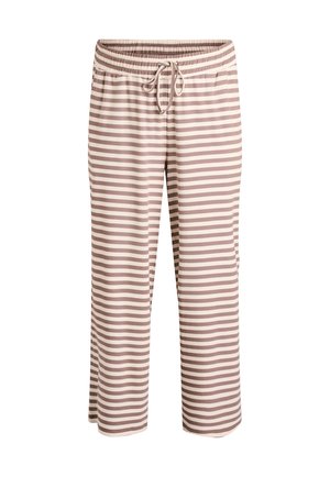 Hlače svetlo rjave in krem barve s črtami, z elastičnim pasom, zavezanjem in žepi; tkanina ima rebrasto teksturo. Dolžina do sredine meče.