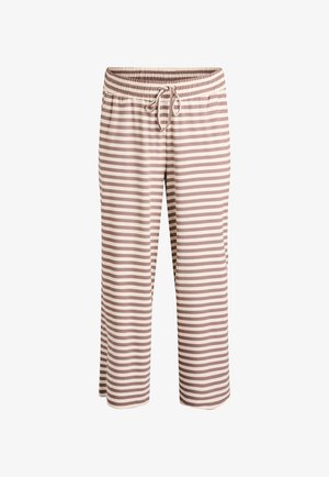 Pantaloni a righe marrone chiaro e crema con vita elasticizzata, coulisse e tasche; il tessuto ha una trama a coste. Lunghezza corta.