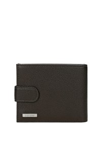 Portefeuille en cuir noir texturé avec fermeture à bouton pression et petite plaque métallique de marque dans le coin inférieur gauche.