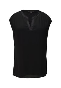Zwarte blouse met korte mouwen, een V-hals en een soepele textuur. Heeft een subtiele gegolfde onderkant en zijsplitdetails.